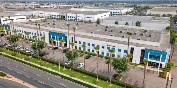 Overhead drone shot of the Collins Aerospace headquarters in California